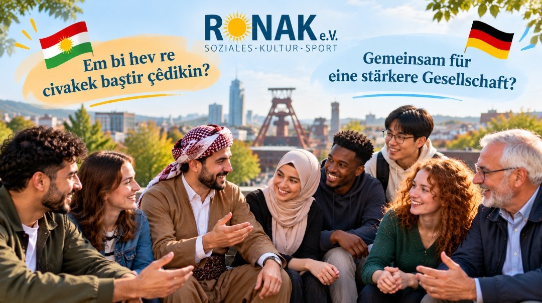 Menschen aus verschiedenen Kulturen sitzen zusammen und unterhalten sich, im Hintergrund Bochum mit Förderturm sowie die Flaggen Kurdistans und Deutschlands